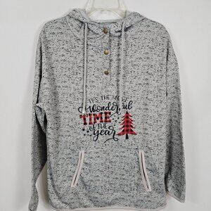 Women's M Gray Long Sleeve Holiday Christmas Graphic Hooded 3/4 Button Sweater